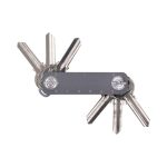 A metallic key organiser with multiple key slots and a measuring ruler, featuring a sleek design.