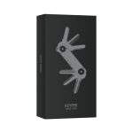 A sleek black packaging featuring the Keyper multi-tool design in grey, showcasing its compact and practical features.