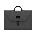 A grey laptop bag with a handle and a flap closure. It features a branding logo on the front.