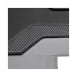 A close-up of a black and grey laptop bag, featuring a textured surface and logo detail.