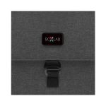 A grey laptop bag featuring a clip closure and a branded logo.