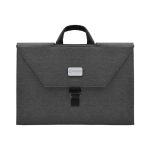 A grey laptop bag with a handle and a clasp closure, featuring a logo on the front.