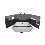 A grey laptop bag with multiple compartments, holding a laptop, pens, and cards. It features a handle and a sleek design.