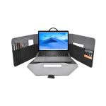 A grey laptop bag with compartments for a laptop, stationery, and cards, featuring a handle for easy transport.