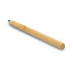A bamboo pen with a smooth, rounded design and a black writing tip, featuring a simple branding element.