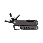 A compact, grey multi-tool featuring various tools and a carabiner clip for attachment.