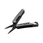A black multi-tool with pliers and various additional tools, featuring a compact design. It includes a keyring attachment.