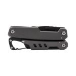 A grey multi-tool featuring a carabiner clip and various tool components, with a logo present.