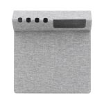 A grey foldable mouse pad made from RPET material, featuring a textured surface and a branding area.