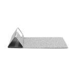 A grey foldable mouse pad featuring a triangular stand and a subtle texture, with a logo on one side.