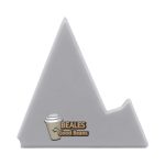 A triangular grey phone stand featuring a logo of a coffee cup and branding.