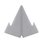 A grey mini stand with a triangular design, featuring side cutouts, suitable for holding a phone.