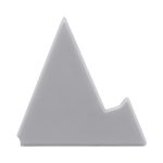 A grey triangular phone stand designed to hold devices. It features a minimalistic shape and has a logo.