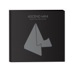 A black packaging featuring a grey phone and tablet holder with a logo, designed for the Ascend Mini Stand.
