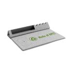 A grey mouse pad made of RPET, featuring a storage compartment and an eco-friendly design with a logo.