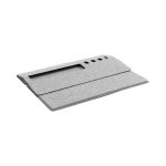 A light grey eco-friendly mouse pad made from RPET, featuring a rounded edge and slots for organisation.