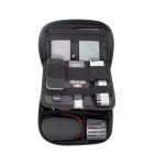 A black toiletry bag featuring compartments for electronic devices, chargers, and accessories, with a sturdy zipper.