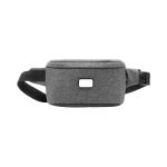 A grey anti-theft sling bag with a black strap and a logo on the front.