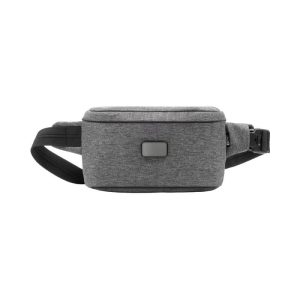 A grey anti-theft sling bag with a sturdy strap and a small logo on the front.
