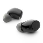 Wireless earbuds in glossy black with grey silicone tips, featuring a sleek design and logo branding.
