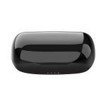 A sleek black charging case for wireless earbuds, featuring four LED indicator lights on the front.