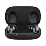 A pair of black Aria T6S PRO ANC wireless earbuds inside a charging case, featuring a sleek design with a logo.