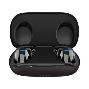 A pair of black Aria T6S PRO ANC wireless earbuds inside a charging case, featuring a sleek design with a logo.