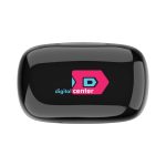 A black charging case for wireless earbuds with a colourful logo on the front.