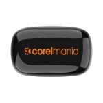 A sleek black charging case for wireless earbuds with an orange logo.