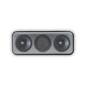 A Bluetooth speaker in black and silver featuring two speakers and a central driver, with a textured surface and logo.