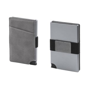A grey vegan RFID wallet featuring a card slot and an elastic strap. It has a sleek design and minimal branding.