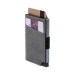 A grey vegan RFID wallet featuring a sleek design and a pocket for cards, equipped with a logo.