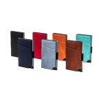 A collection of vegan RFID wallets in various colours including black, red, navy, blue, brown, orange, and teal.