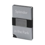 A grey vegan RFID wallet with black elastic band and a subtle logo.