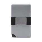 A silver vegan RFID wallet featuring a black elastic band and a simple logo on the front.