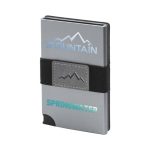 A silver vegan RFID wallet featuring a black elastic band and a logo, designed with a sleek, minimalist style.