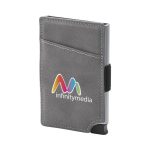 A grey vegan RFID wallet with a sleek design and an attached elastic band, featuring a logo on the front.