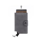 A grey vegan wallet with a secure clasp, featuring slots for cards visible at the top and a pull tab on the side.