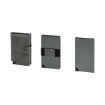 A grey vegan RFID wallet with three different styles and a logo. Features a sleek design and compact size.