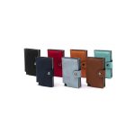 A collection of vegan RFID wallets in black, red, teal, brown, and other colours, featuring a button closure and branding.