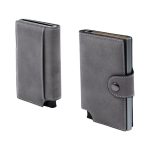 A grey vegan wallet with a textured finish, featuring a snap closure and a cardholder compartment.