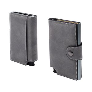 A grey vegan wallet with a textured finish, featuring a snap closure and a cardholder compartment.