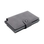 A grey vegan leather wallet with a button clasp and a slim design. It features a logo on the front.