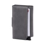 A grey vegan wallet with a sleek design displaying a card partially inserted and featuring a logo.
