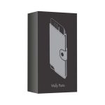 A grey vegan wallet with RFID protection displayed in a box featuring a simple design and a logo.