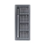 A precision tool kit in grey, featuring a metal handle and multiple interchangeable screwdriver bits in a neat storage case.