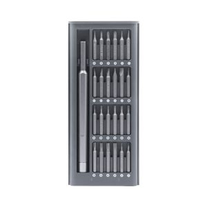 A precision tool kit in grey, featuring a metal handle and multiple interchangeable screwdriver bits in a neat storage case.