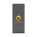 A grey power bank featuring a flame graphic and branding logo. Compact design suitable for portable charging.
