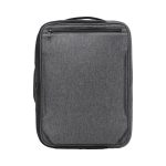 A grey laptop bag with a sleek design and a zippered front pocket, featuring a logo.