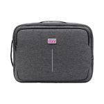 A grey laptop bag with a front pocket and a branded logo. It features a sleek design and sturdy handle.